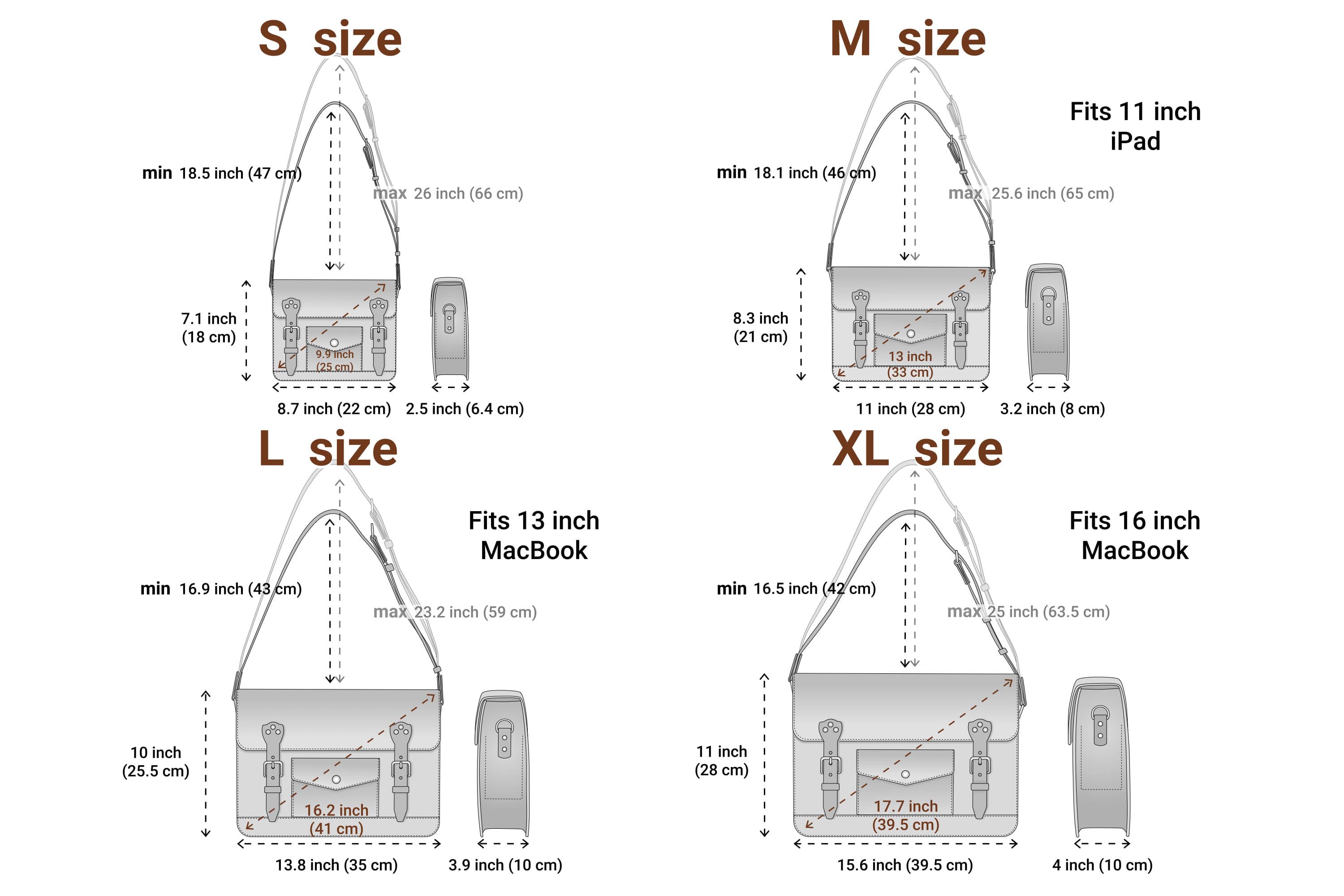 Handbag Size Chart in Cm