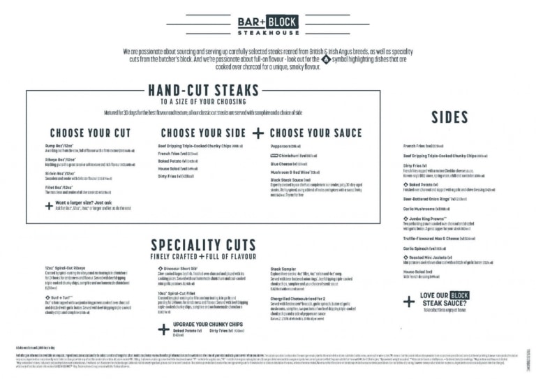 Bar + Block Steakhouse London Kings Cross Menu