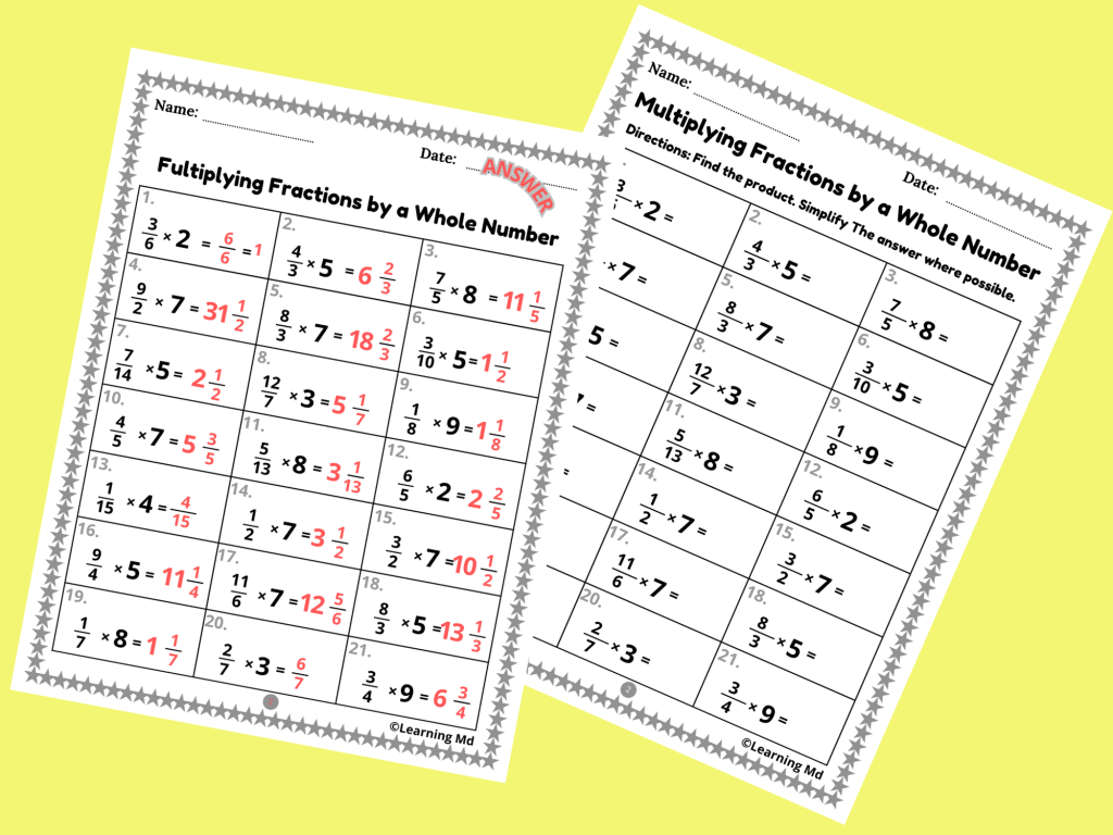 Multiplying Mixed Numbers by Whole Numbers Worksheet