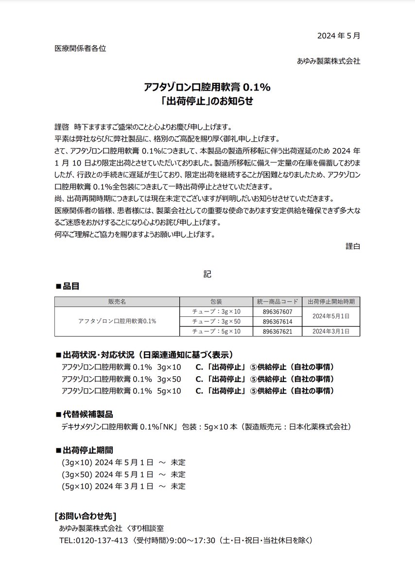 アフタゾロン販売中止の理由はなぜ？代替薬と市販類似薬の最新動向