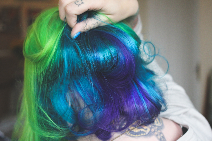 Purple over Green Blue Hair