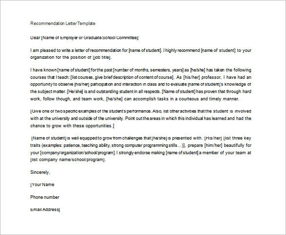 Recommendation Letter from Teacher for Student