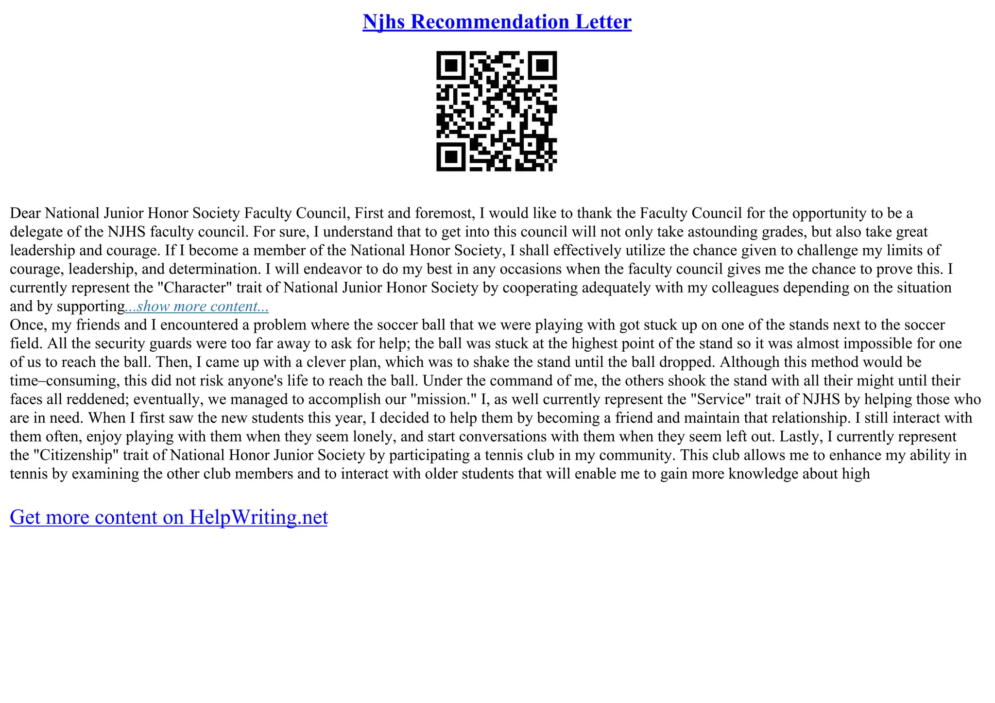 National Junior Honor Society Letter of Recommendation Example