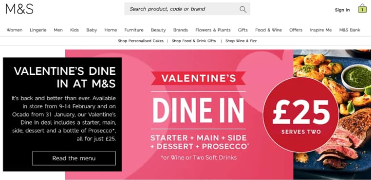 Dine in for 2 Menu M&S