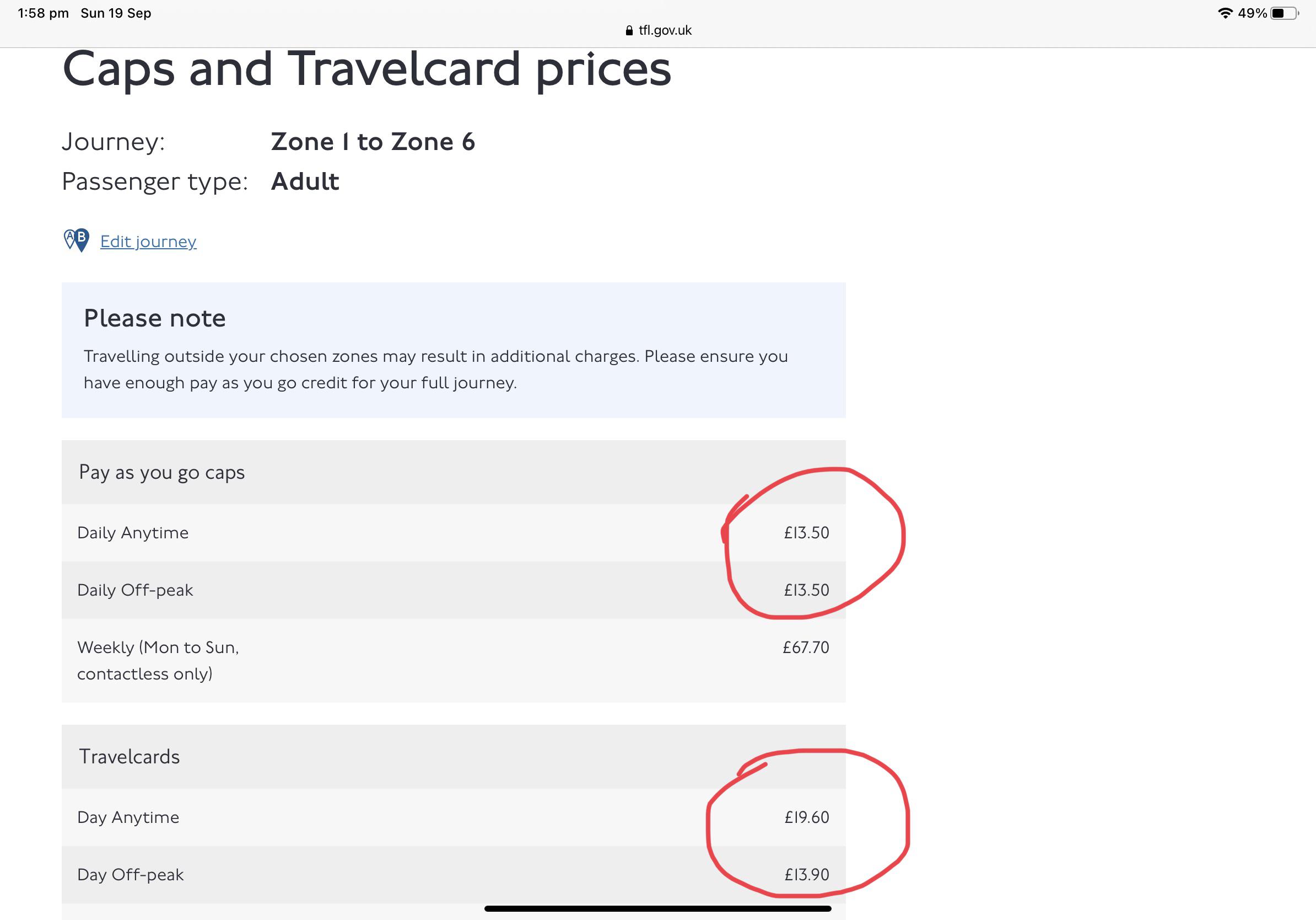 Price of Zone 1 6 Travelcard