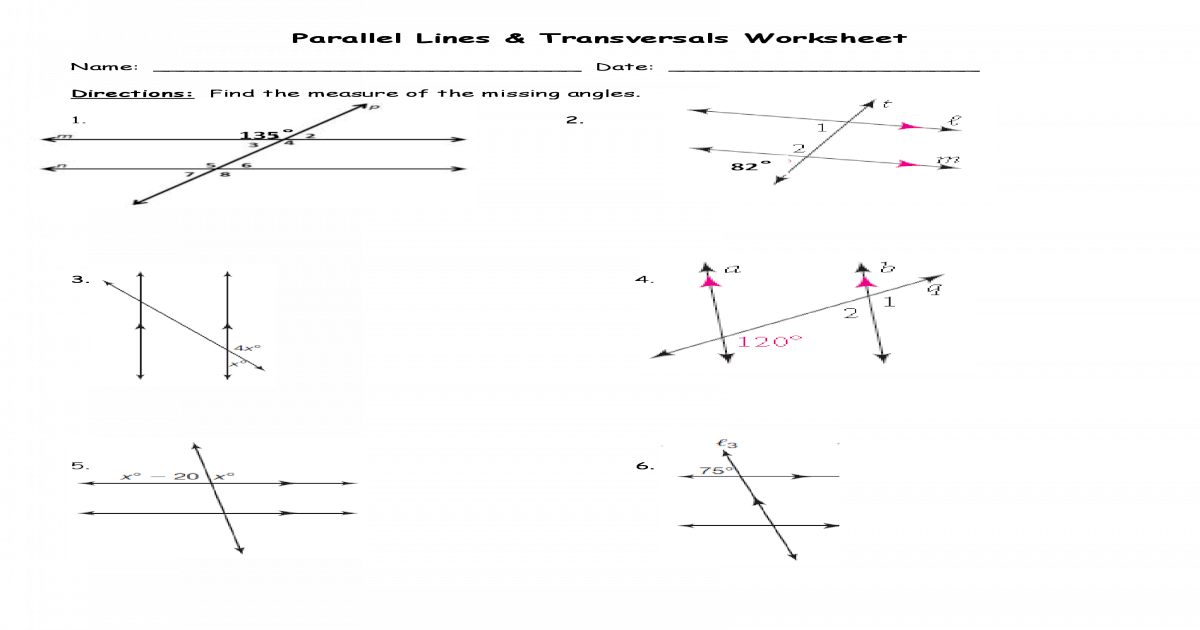 Angles Formed by a Transversal Worksheet