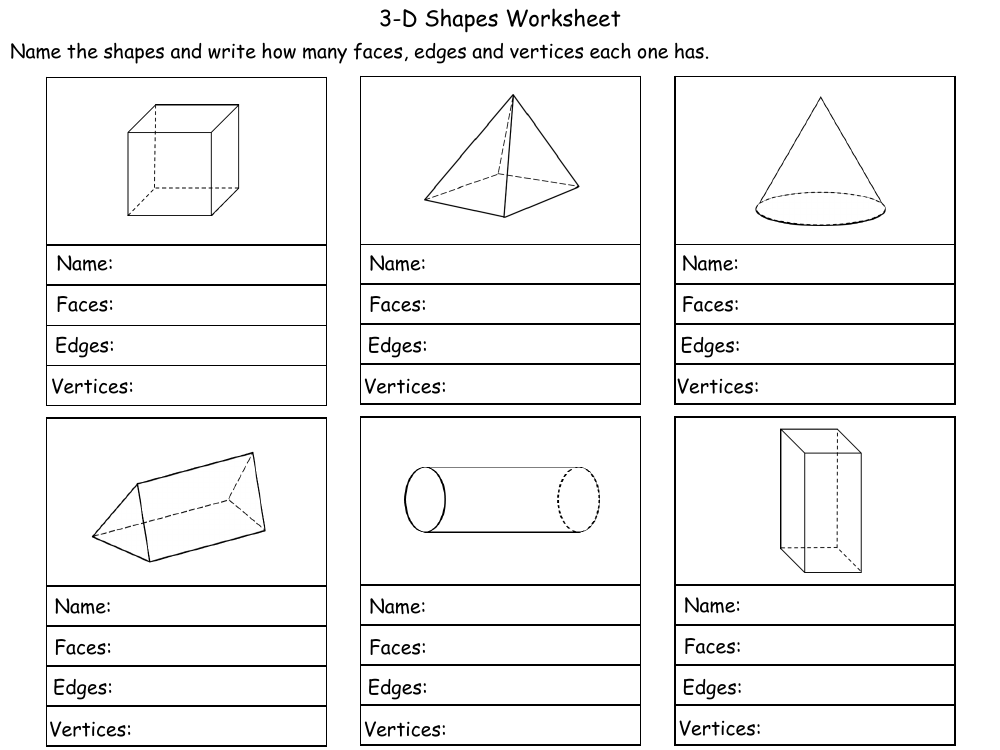Faces Edges and Vertices of 3D Shapes Worksheet