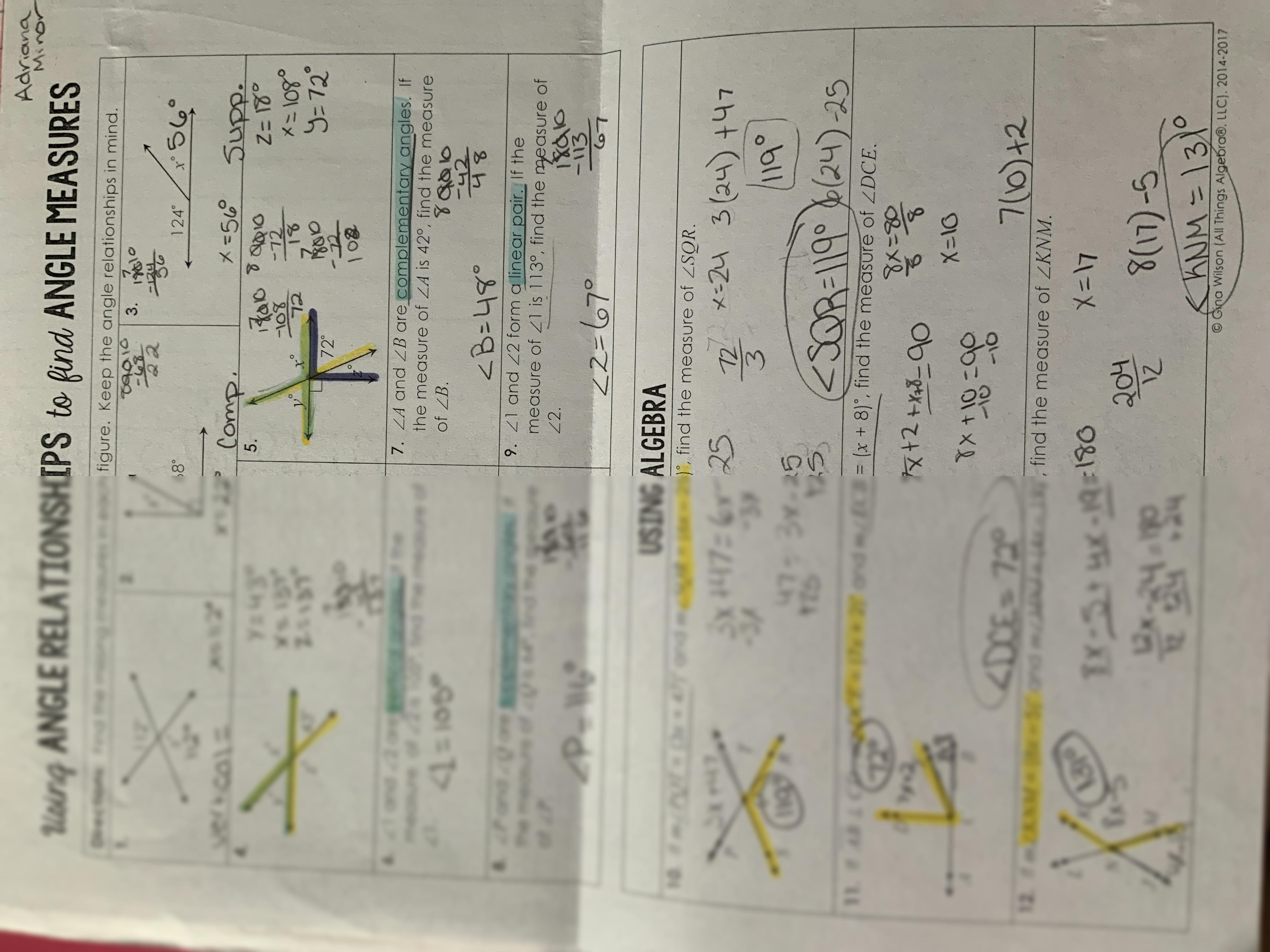 Using Angle Relationships to Find Angle Measures Answer Key