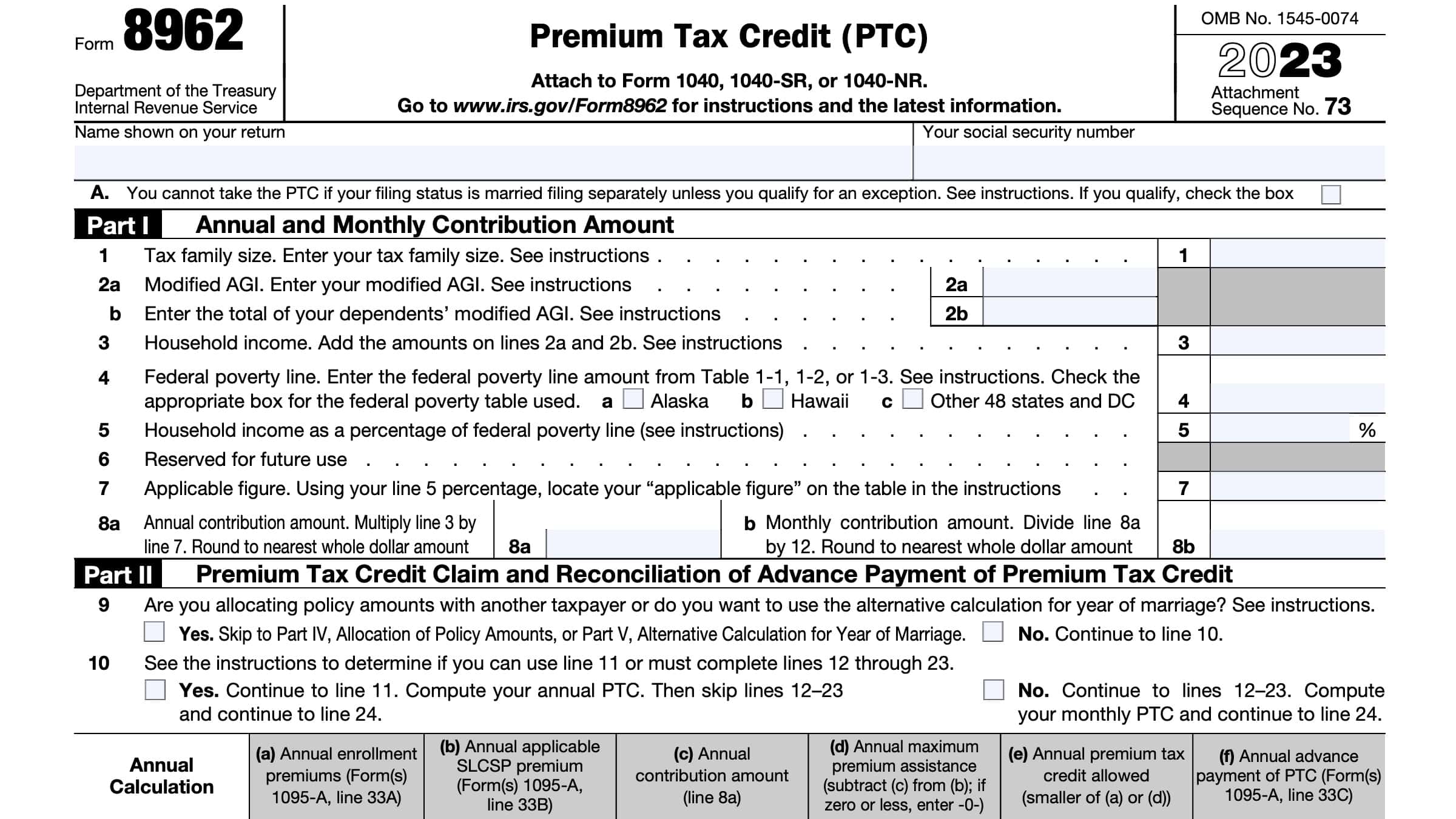 Form 8962 Premium Tax Credit Instructions
