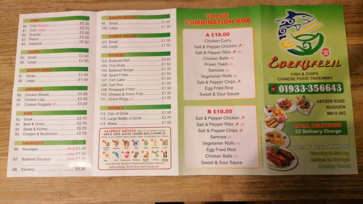 Evergreen Fish Chips Asian Food Takeaway Menu