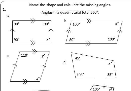 Finding Missing Angles in a Quadrilateral Worksheet