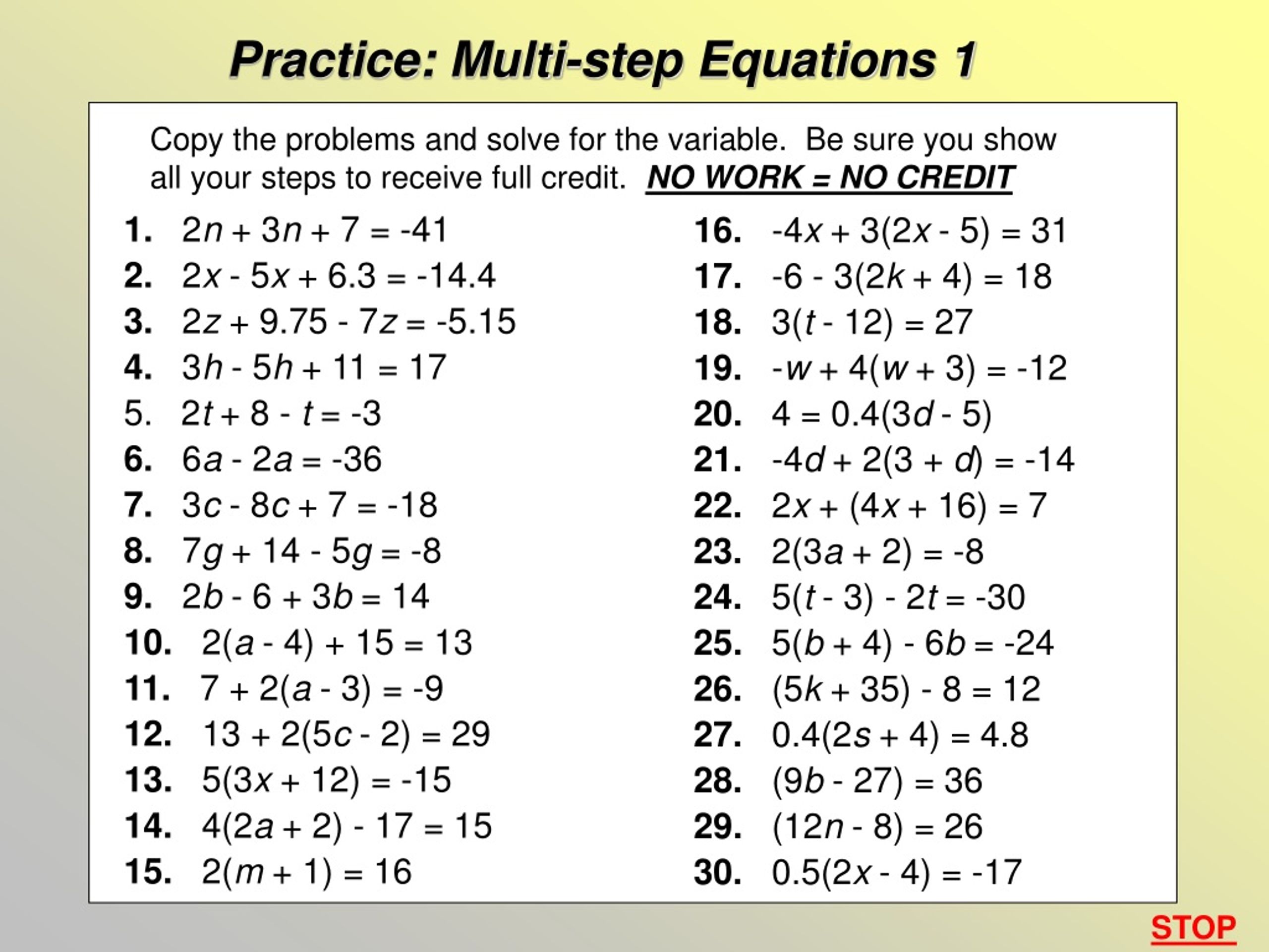 Practice 7 2 Solving Multi Step Equations
