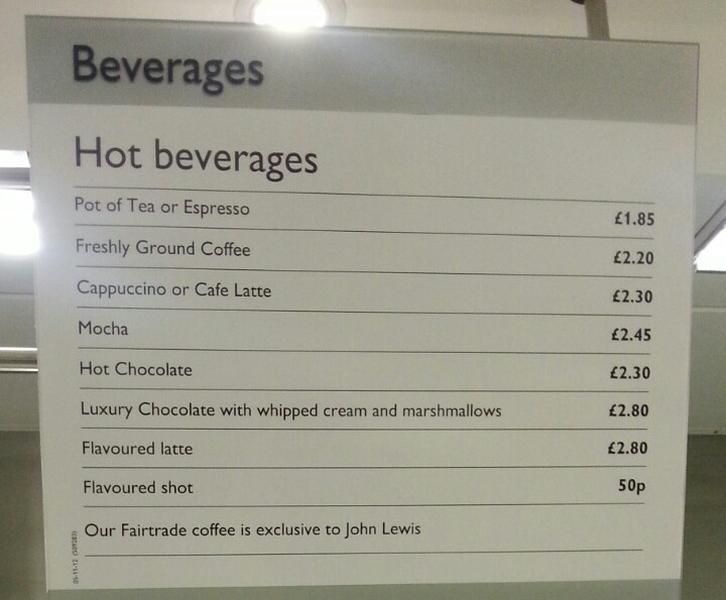 John Lewis Place to Eat Menu