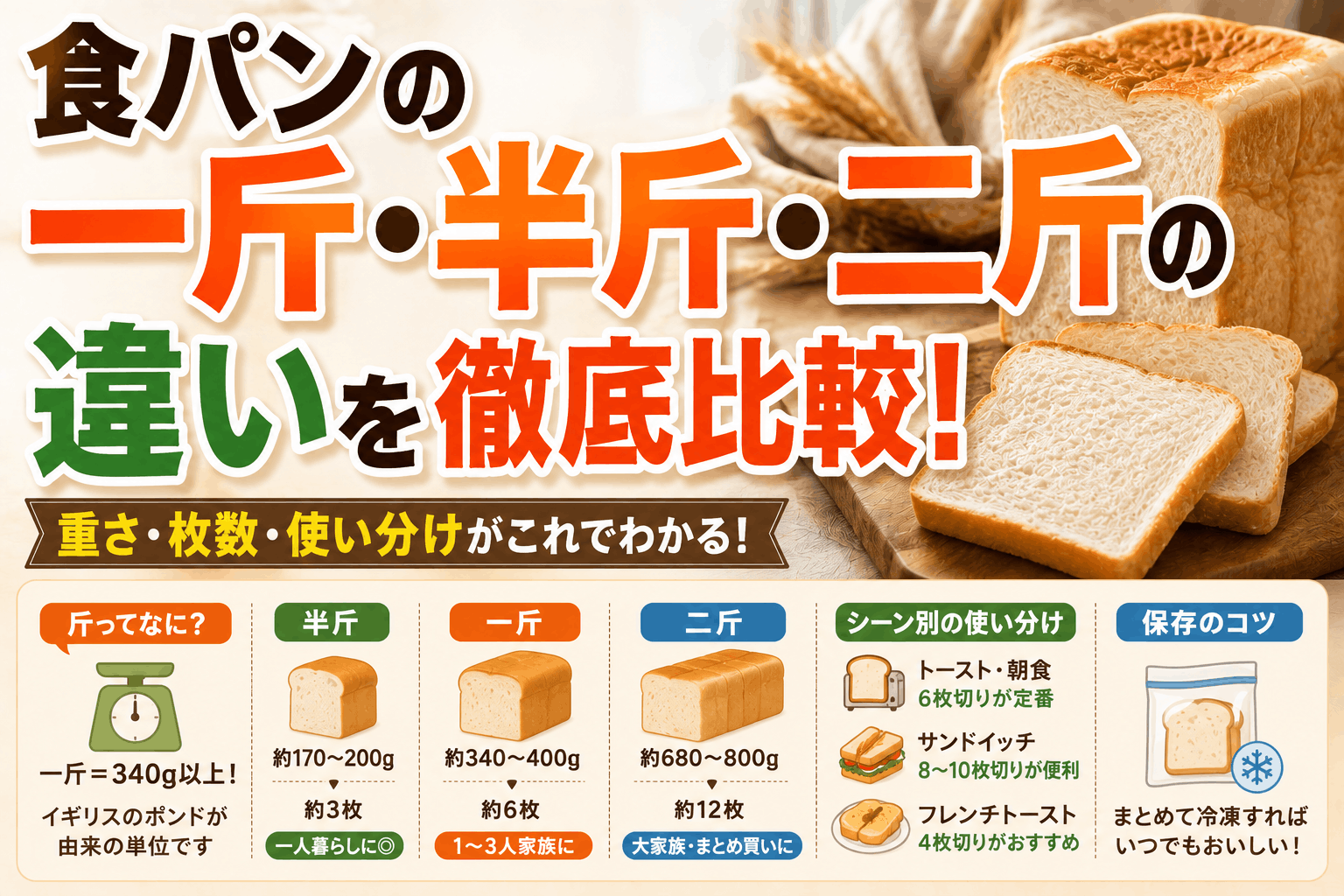 食パン1枚は何グラム？4〜8枚切りの重さ・カロリー比較と1斤の真実