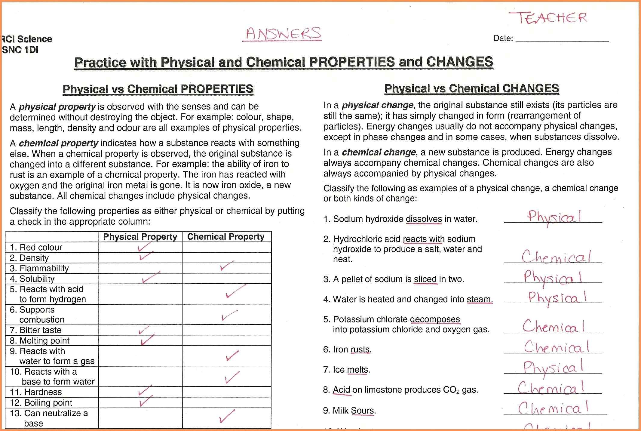 Physical and Chemical Properties and Changes Worksheet Answer Key