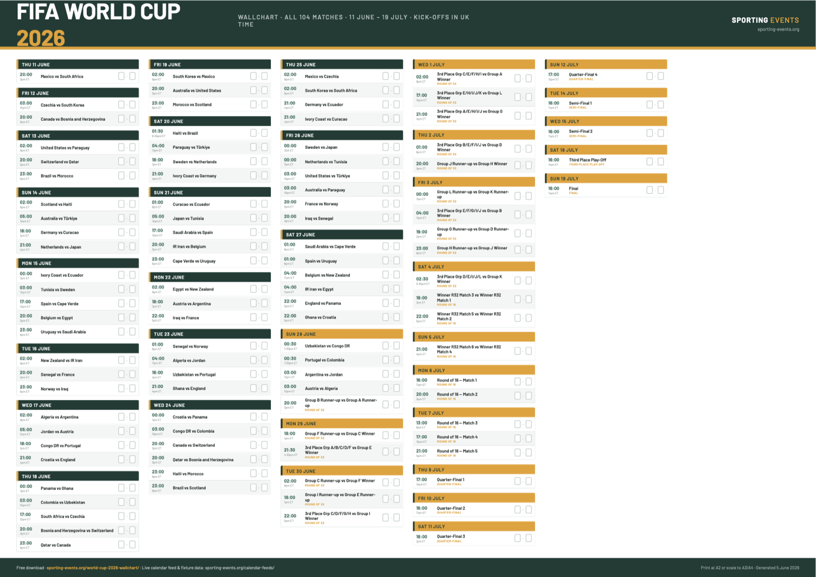 Kick off Times for World Cup 2026